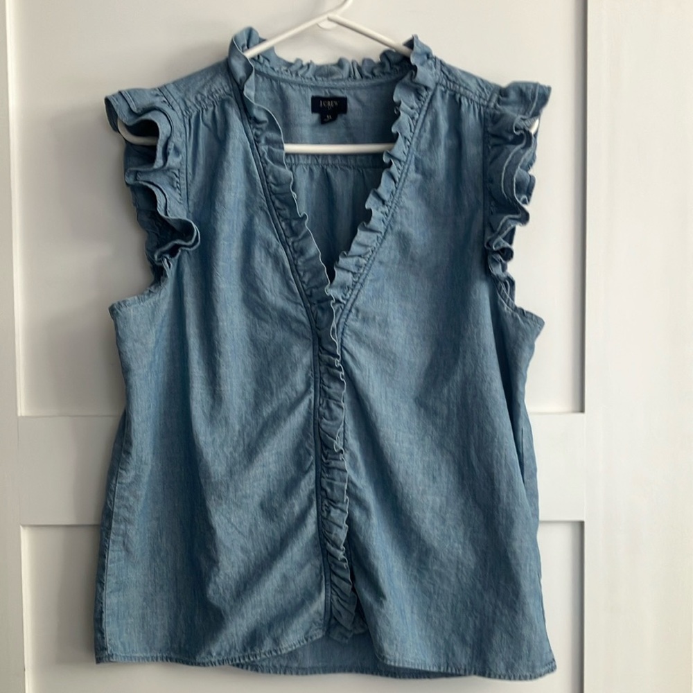 J. Crew Blue Flutter Sleeve Ruffled Denim Blouse